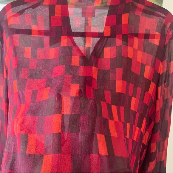Jones Of New York Red Plaid Checkered Silk Blouse Size 14 - Picture 11 of 12